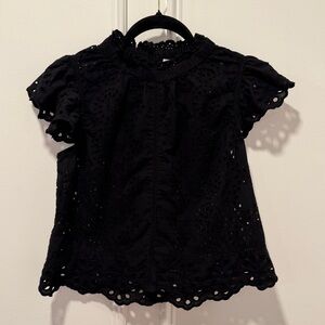 Jennifer & Grace Eyelet Lace Top Women's Size S Black Ruffle Cotton Blouse